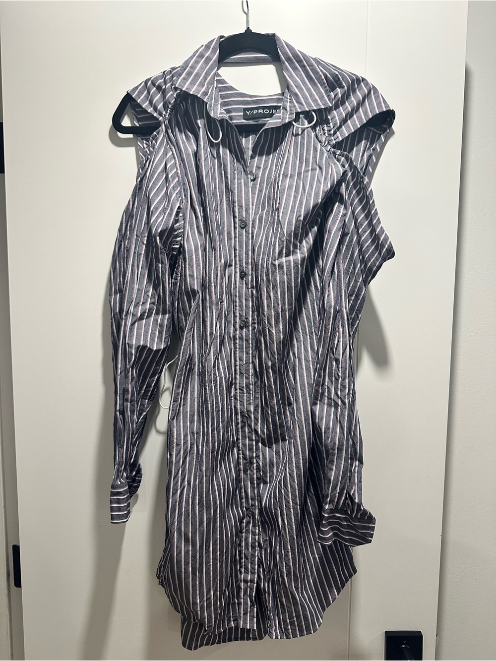 Y/Project Black and White Striped Deconstructed Button-Down Shirt Dress